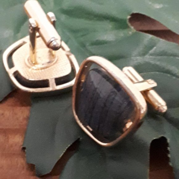 Vintage Hickok Cufflinks Blue Grey Glass Mid Century Vintage Gold Tone - Picture 2 of 5